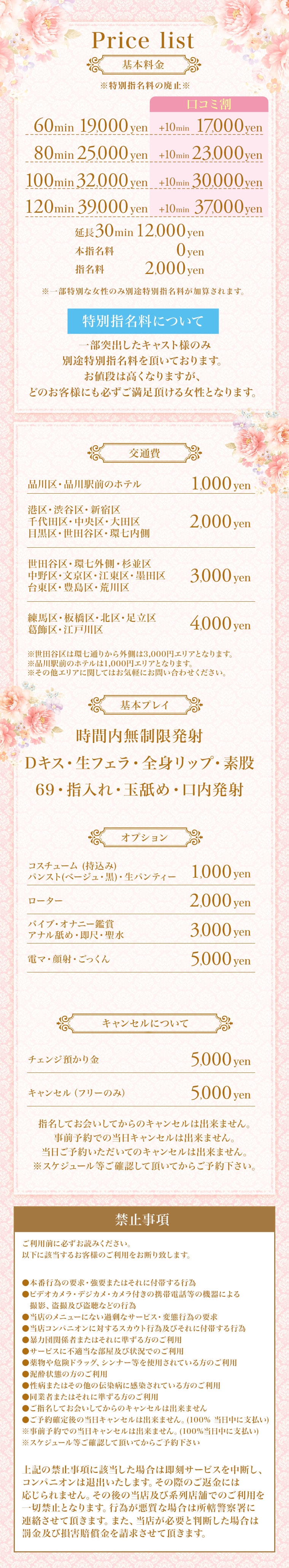 Chloe五反田本店　S級素人清楚系デリヘル＿料金システム1