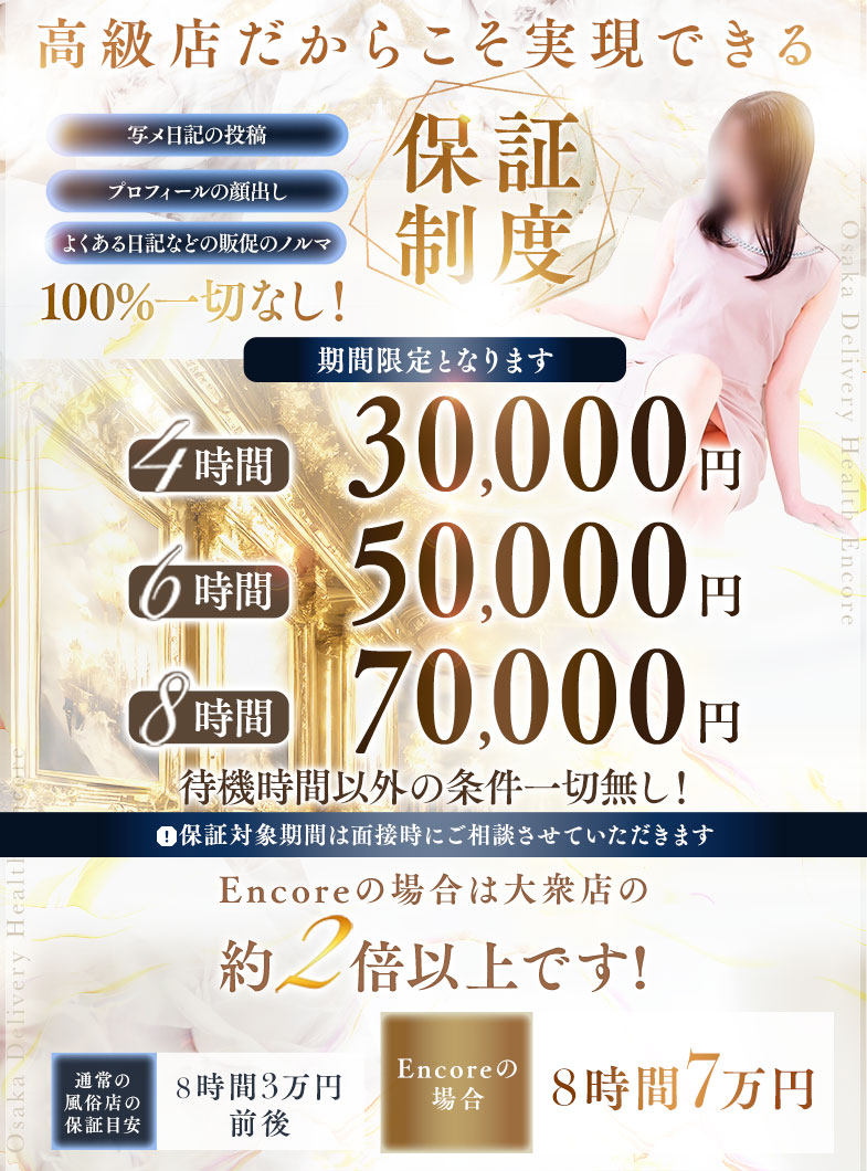 高級デリバリーヘルス アンコールの高級店ならではの保証額を実現！