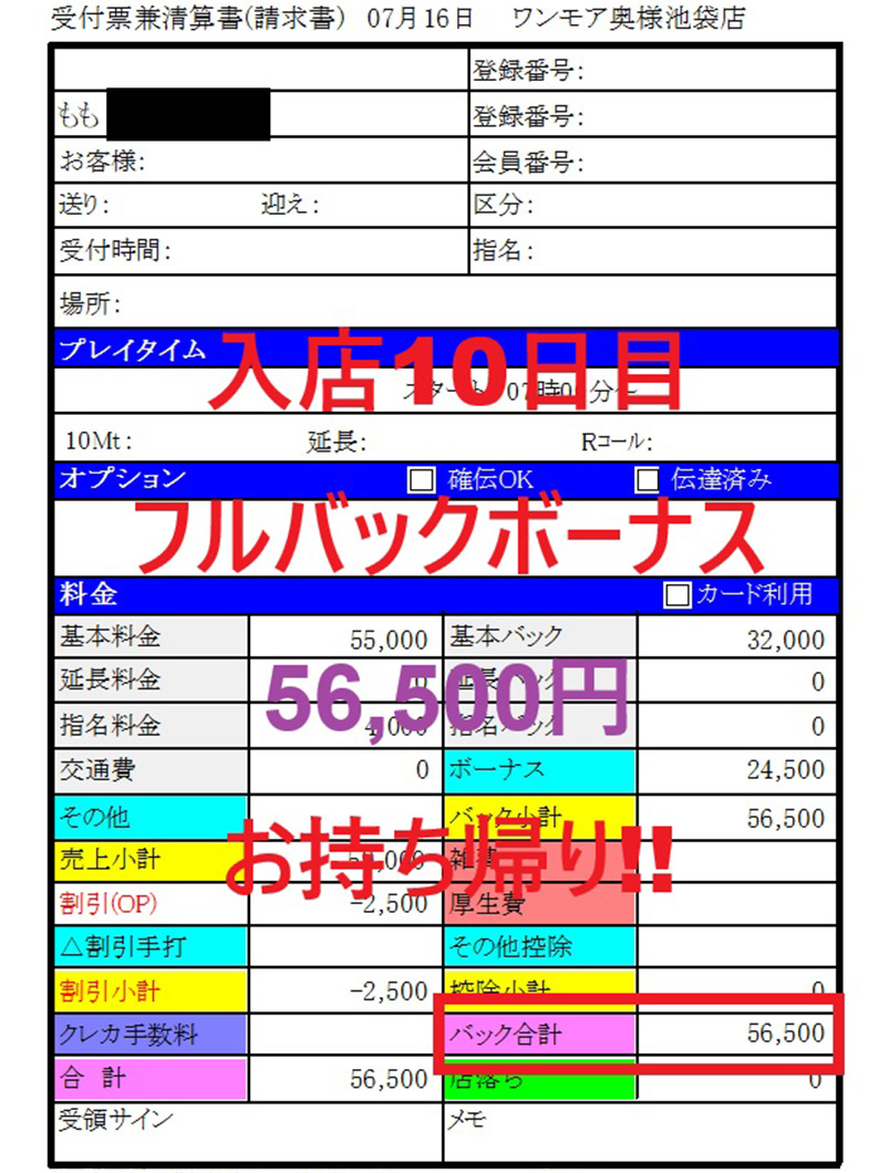 One More 奥様 池袋店（One Moreグループ）の7月入店！フルバックボーナスのお給料大公開♪
